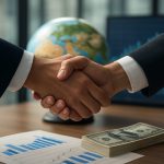 Two business professionals shaking hands over a desk with financial charts and cash.
