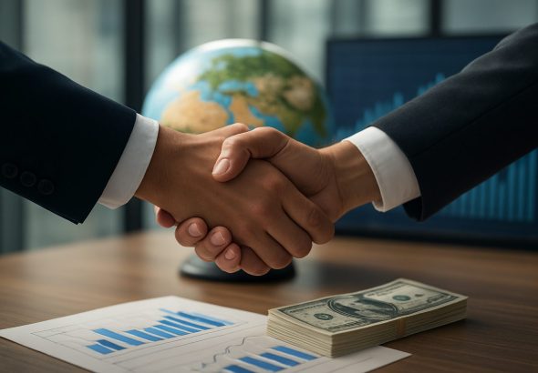Two business professionals shaking hands over a desk with financial charts and cash.