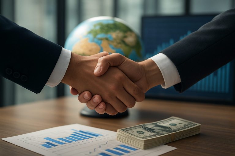 Two business professionals shaking hands over a desk with financial charts and cash.