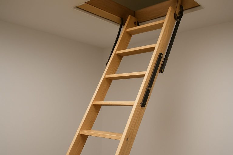 A durable wooden loft ladder extending from a ceiling hatch in a modern living space.
